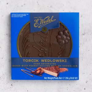 E. Wedel Torcik Wedlowski – Hand Decorated Wafer Cake with Peanut Filling in Dark Chocolate (250g)